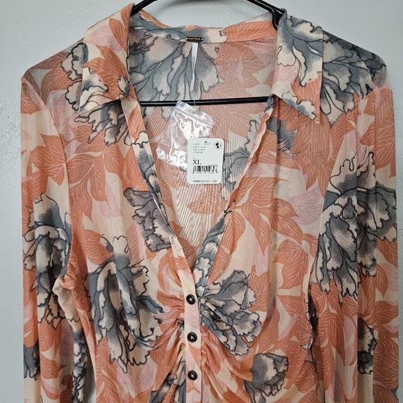 Free People NWT Women's XL Peach Mesh Floral Button-Up Blouse Long Sleeve Boho - Picture 5 of 7